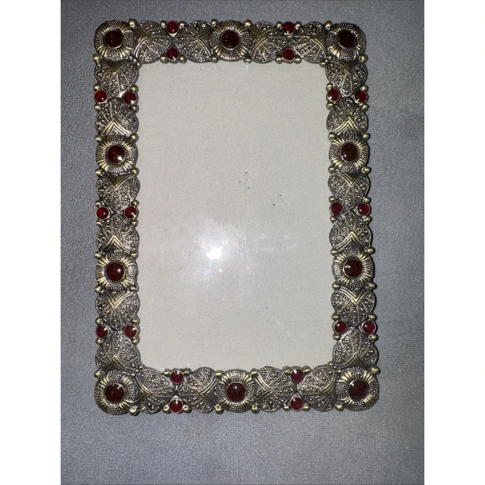 Vintage Style Ornate Gold Metal Picture Frame Red Faux Ruby Cabochon 4x6 Boho